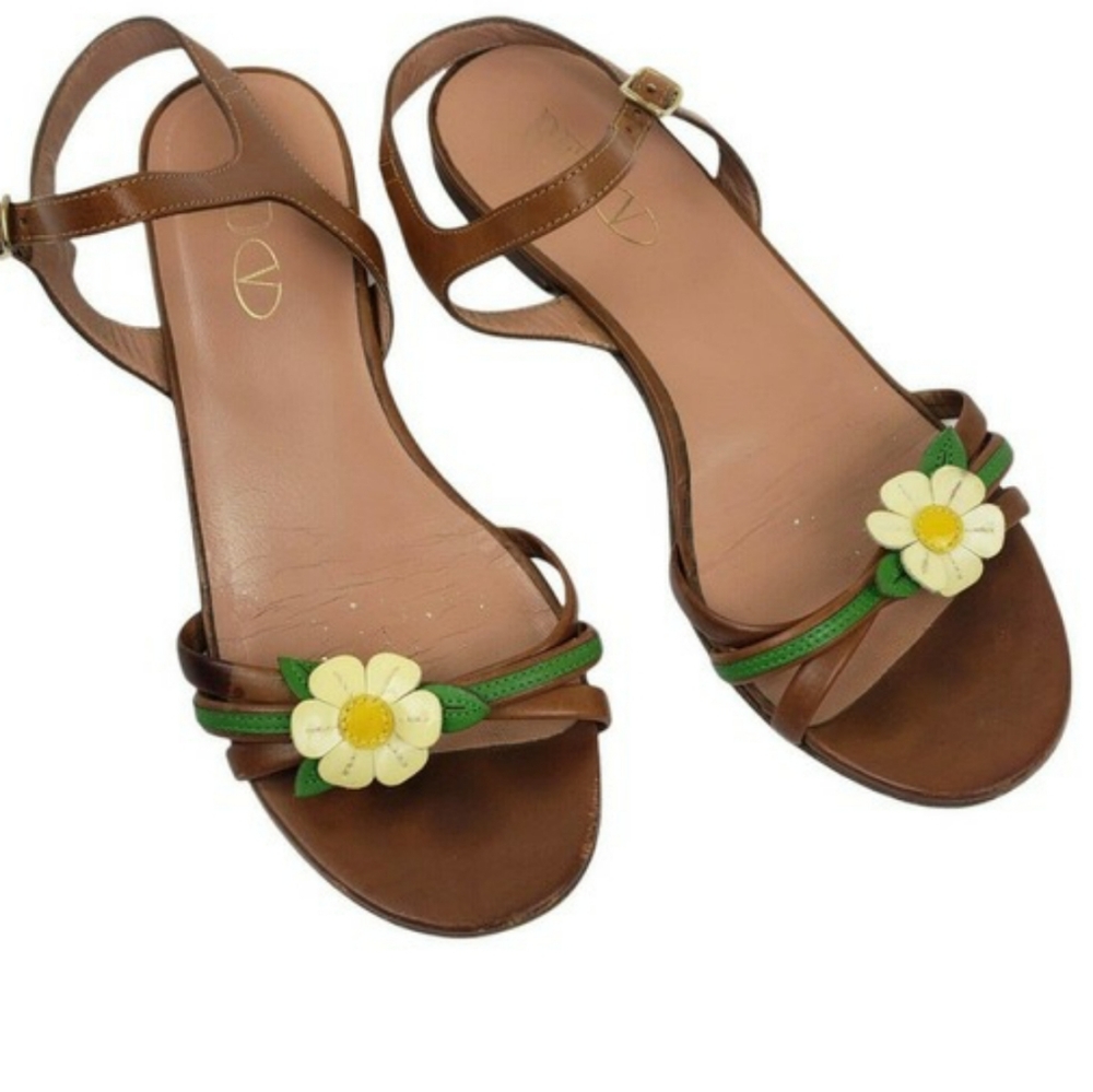Red VALENTINO ~ Daisy- Flat, Leather Brown, Sandals Woman's Size 37 = US…